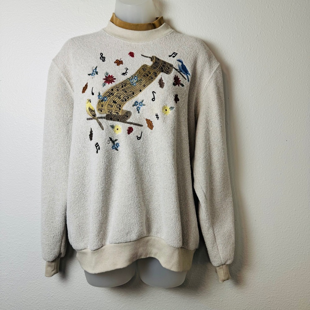 BonWorth Vintage Embroidered Bird Music Note Sweatshirt Cream Women Small